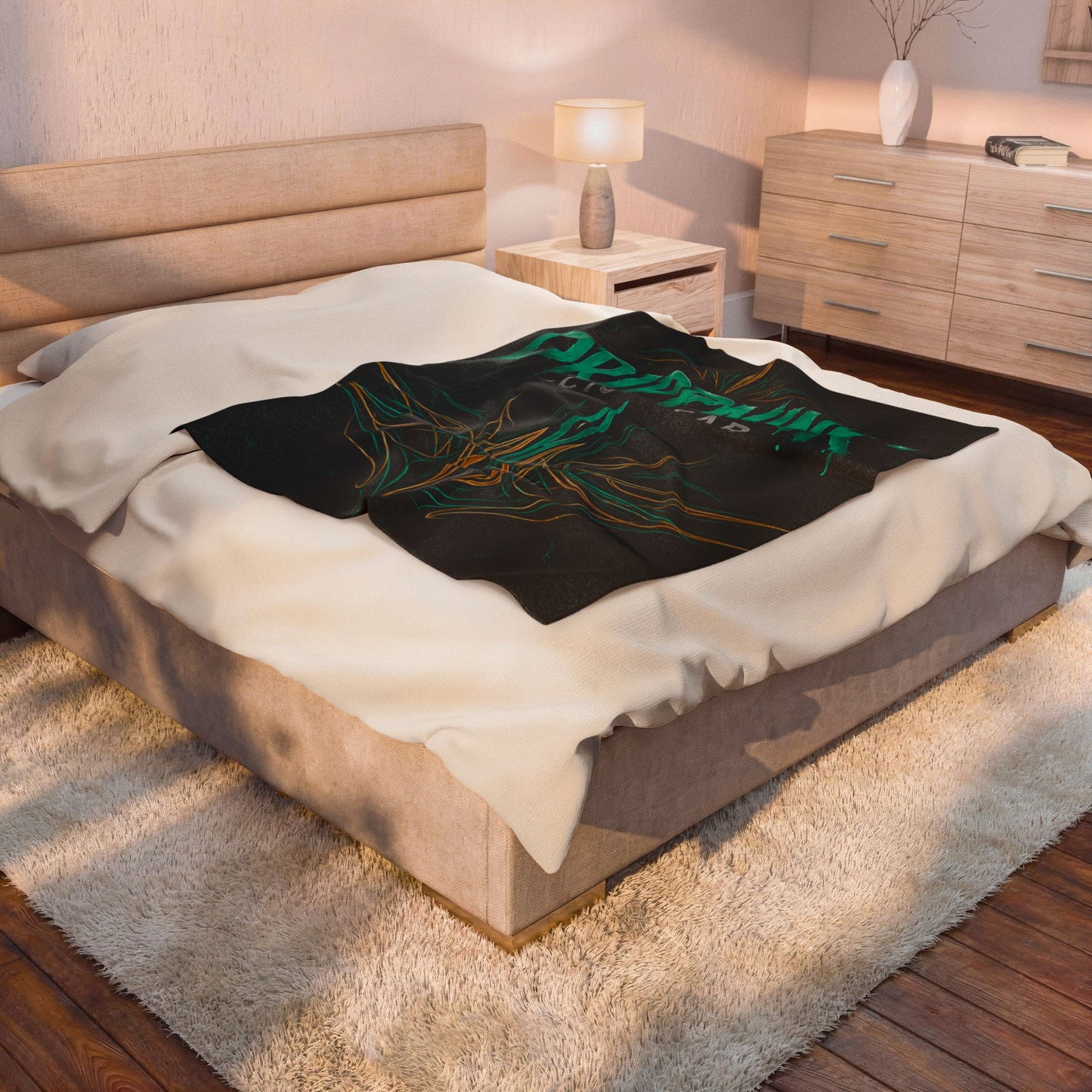 Black velveteen plush blanket featuring teal tribal pinstriping and DrippnInk C10 Gear Chevy-inspired automotive artwork