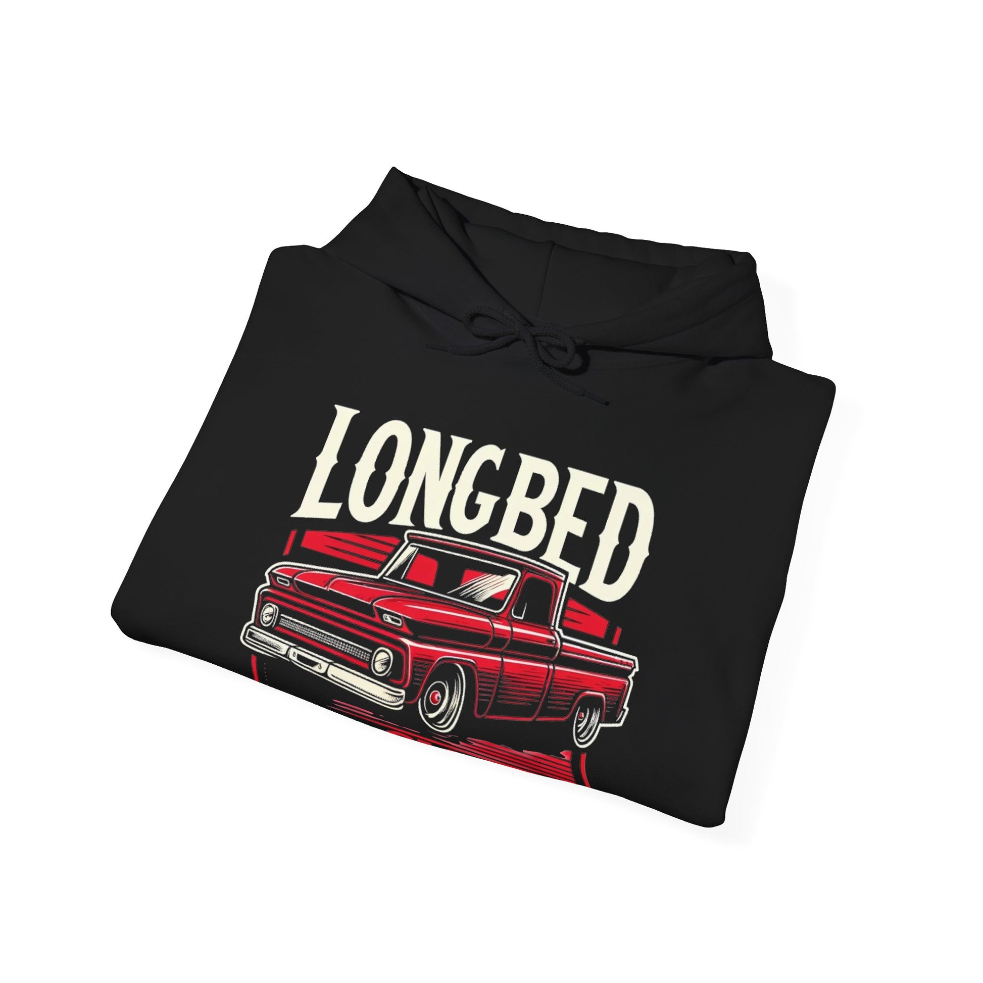 The black hoodie folded to show the Longbed lettering and the red classic pickup.