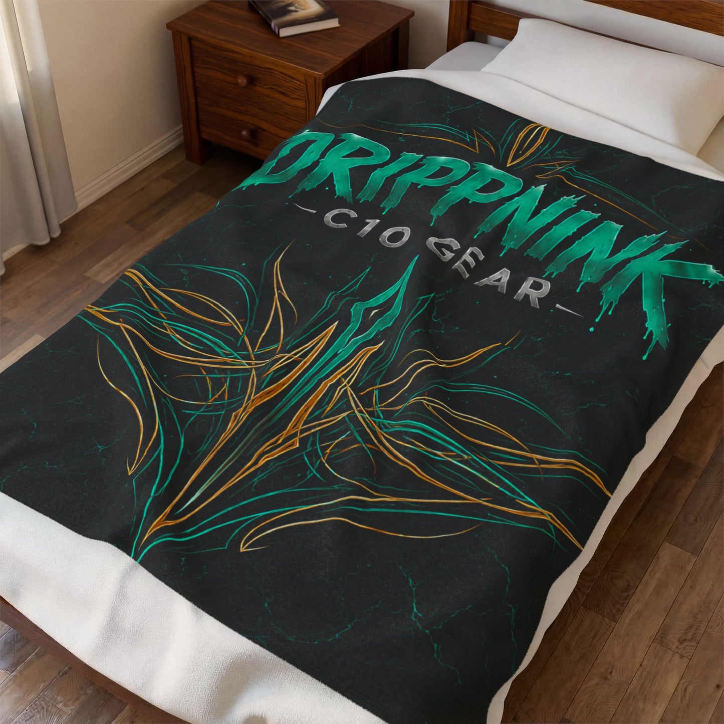Black velveteen plush blanket featuring teal tribal pinstriping and DrippnInk C10 Gear Chevy-inspired automotive artwork