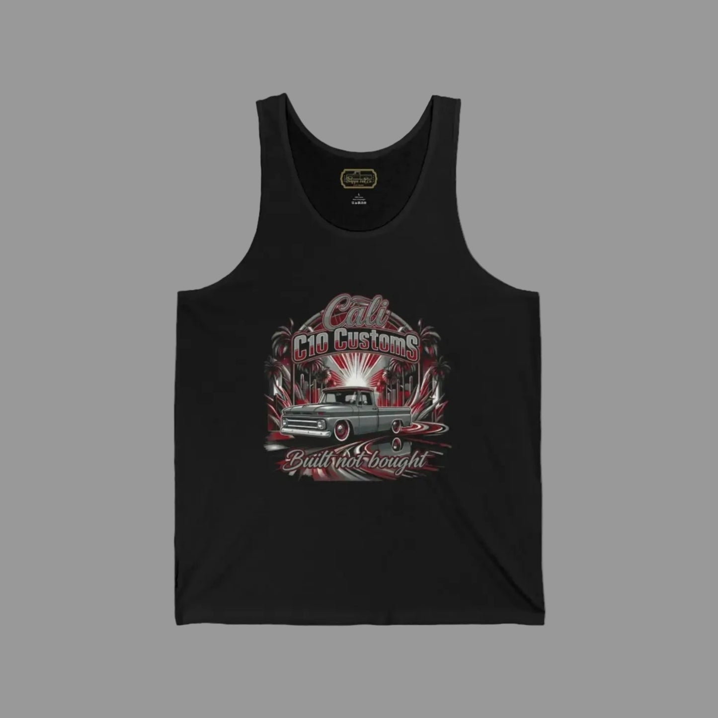 Custom C10 tank top with built not bought slogan and detailed pickup truck graphic designed for automotive lifestyle apparel.