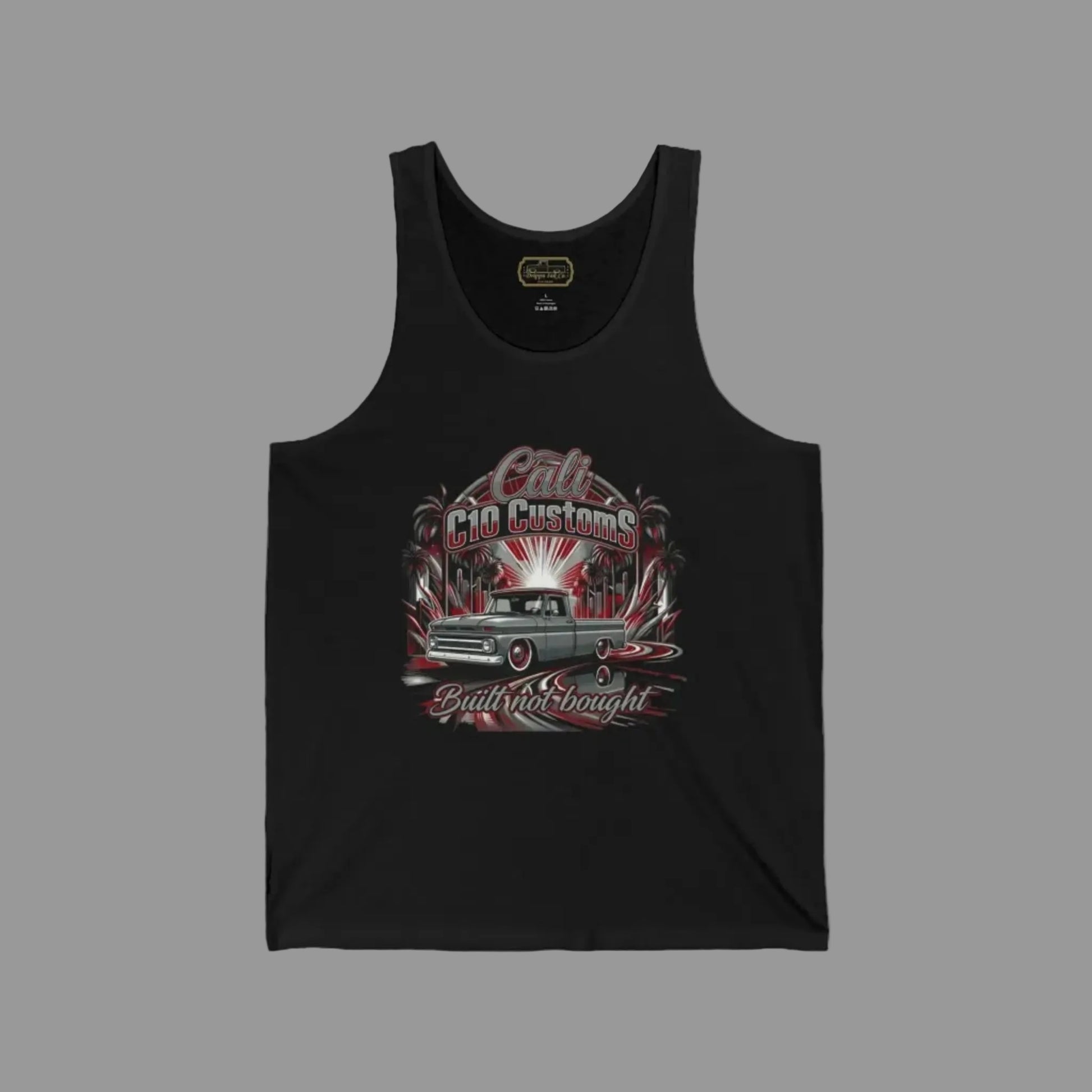 Custom C10 tank top with built not bought slogan and detailed pickup truck graphic designed for automotive lifestyle apparel.
