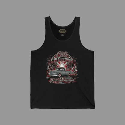 Custom C10 tank top with built not bought slogan and detailed pickup truck graphic designed for automotive lifestyle apparel.