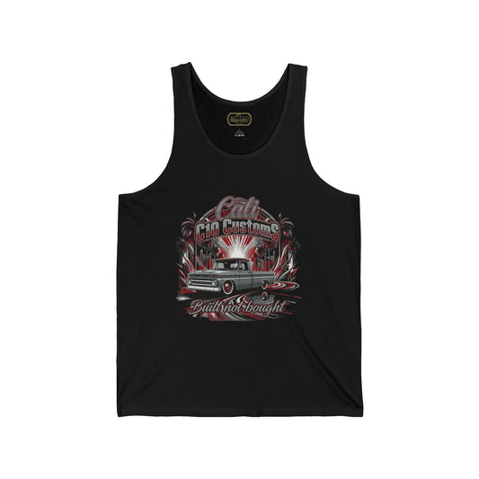 Custom C10 tank top with built not bought slogan and detailed pickup truck graphic designed for automotive lifestyle apparel.