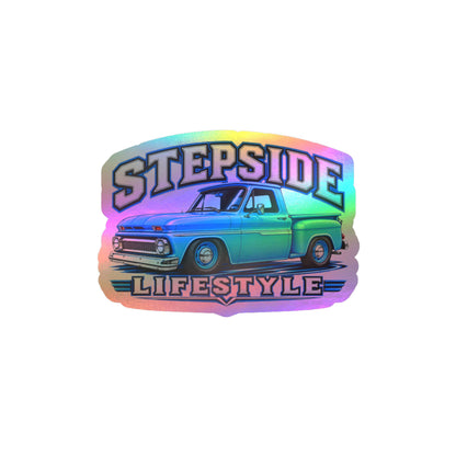 Chevy C10 stepside sticker showing a slammed 1960s truck in bright blue with chrome bumpers and blue steel wheels, kiss-cut vinyl decal by Drippn Ink