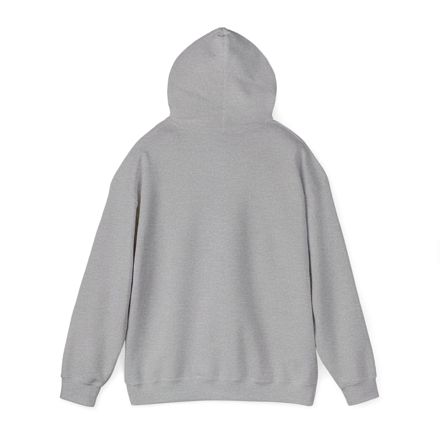 Sport grey hooded sweatshirt shown from behind with the hood raised