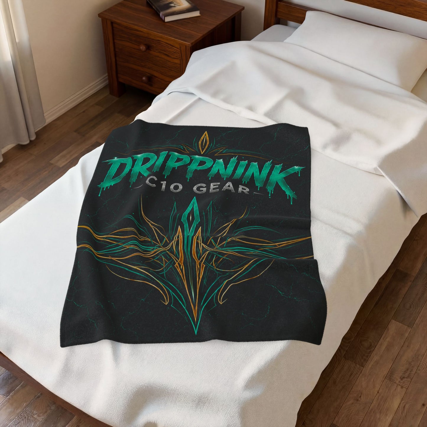 Black velveteen plush blanket featuring teal tribal pinstriping and DrippnInk C10 Gear Chevy-inspired automotive artwork
