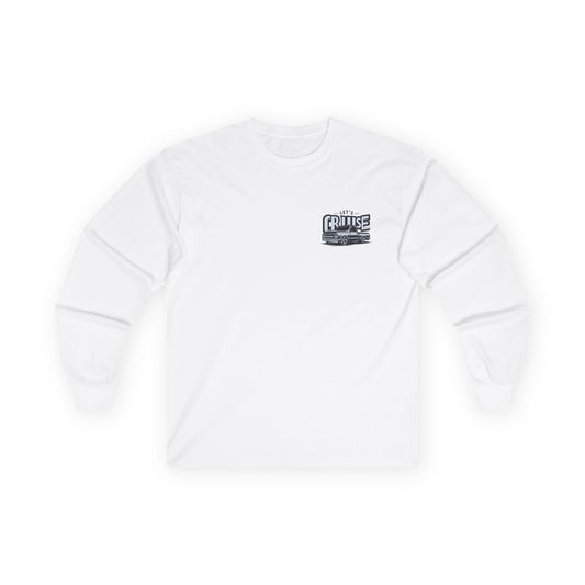 White long sleeve tee with a small left chest badge reading LET'S CRUISE above a slammed classic pickup