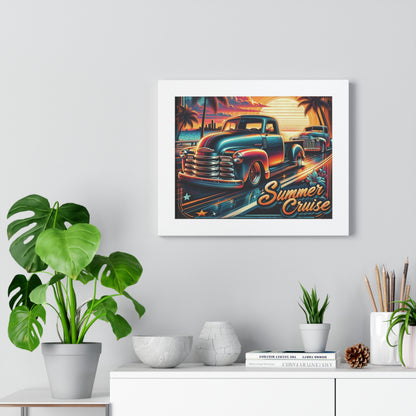 This vibrant and nostalgic poster, titled "Summer Cruise," features a classic car scene with two vintage trucks cruising along a coastal highway during a picturesque sunset. The design radiates a retro vibe with its vivid colors, stylized palm trees, and a city skyline in the background. The sunset casts a warm glow, enhancing the glossy finish of the trucks. The artwork is adorned with playful stars and tropical flowers, emphasizing a carefree summer spirit.