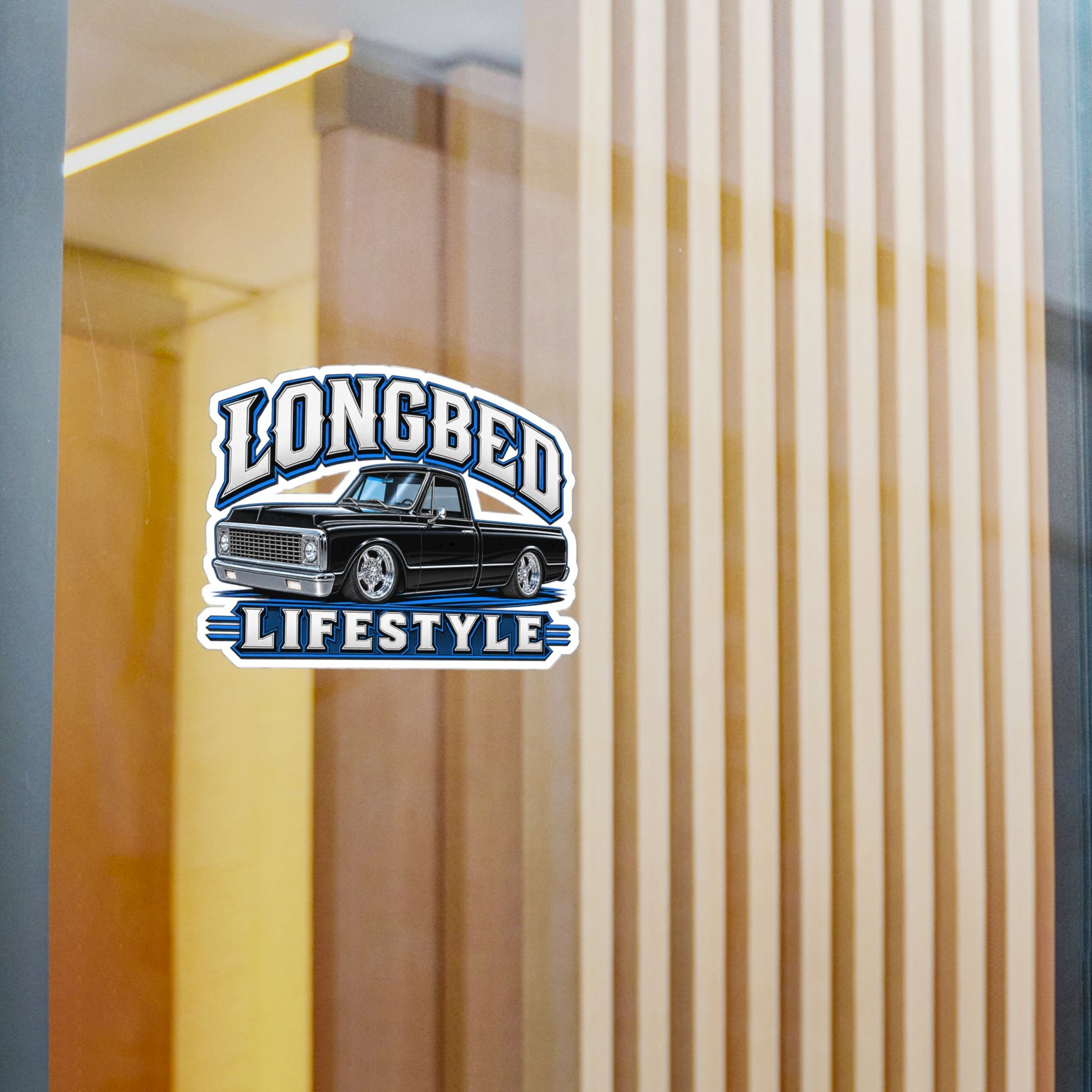 Chevy C10 longbed sticker showing a slammed 1970s truck in black with chrome trim on polished five spoke wheels, kiss-cut vinyl decal by Drippn Ink