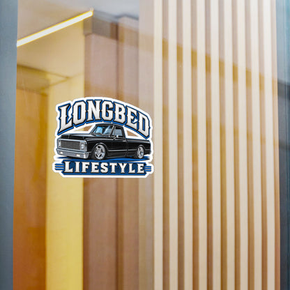 Chevy C10 longbed sticker showing a slammed 1970s truck in black with chrome trim on polished five spoke wheels, kiss-cut vinyl decal by Drippn Ink