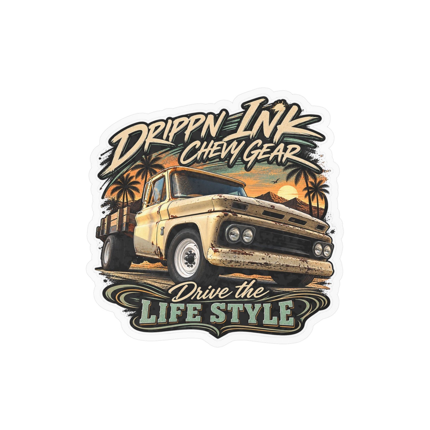 Chevy C20 dually flatbed sticker showing a 1964 truck with wooden stake sides and rust against an Arizona desert sunset with palms, kiss-cut vinyl decal by Drippn Ink