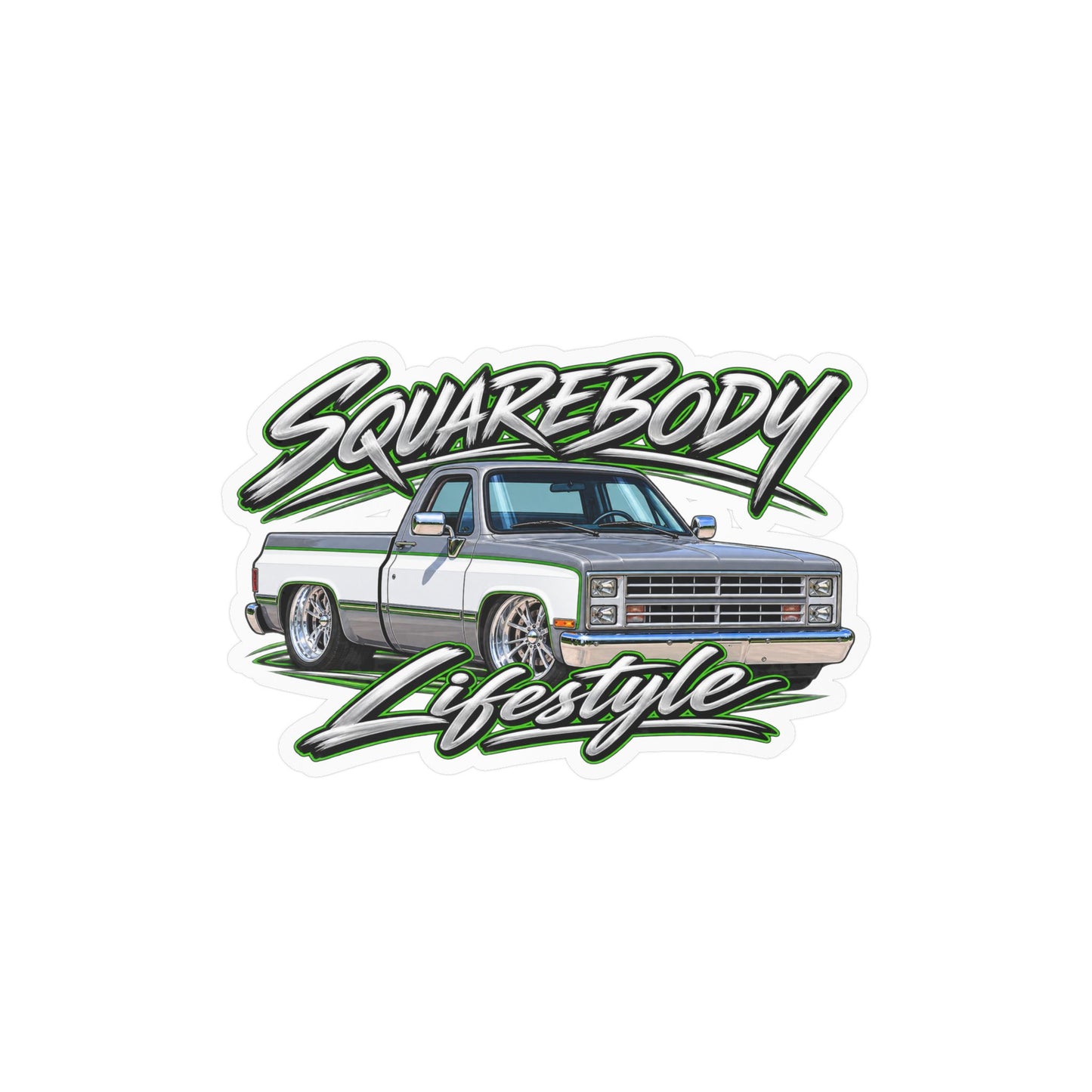 Chevy squarebody sticker showing a slammed 1980s C10 in silver and white with green pinstripes on polished billet wheels, kiss-cut vinyl decal by Drippn Ink