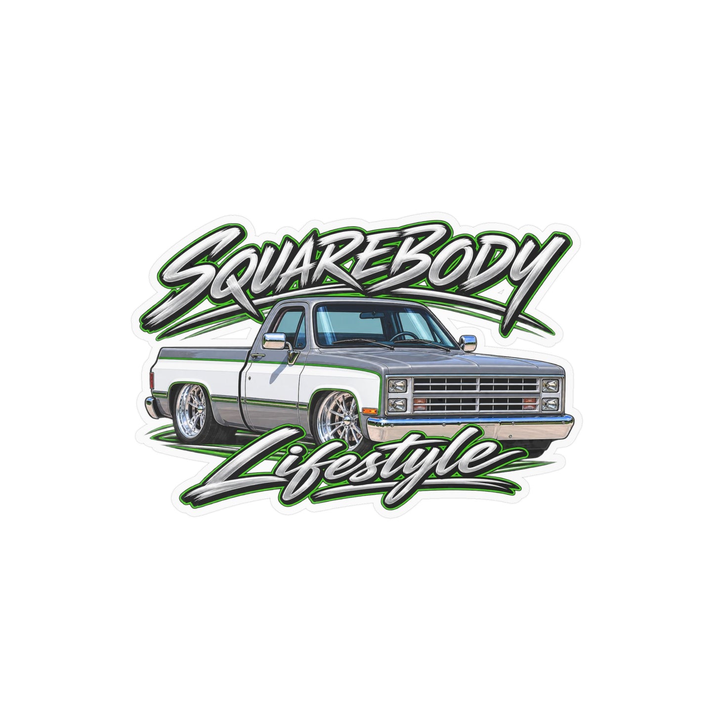 Chevy squarebody sticker showing a slammed 1980s C10 in silver and white with green pinstripes on polished billet wheels, kiss-cut vinyl decal by Drippn Ink