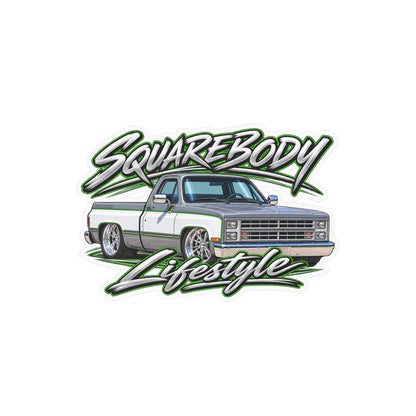 Chevy squarebody sticker showing a slammed 1980s C10 in silver and white with green pinstripes on polished billet wheels, kiss-cut vinyl decal by Drippn Ink