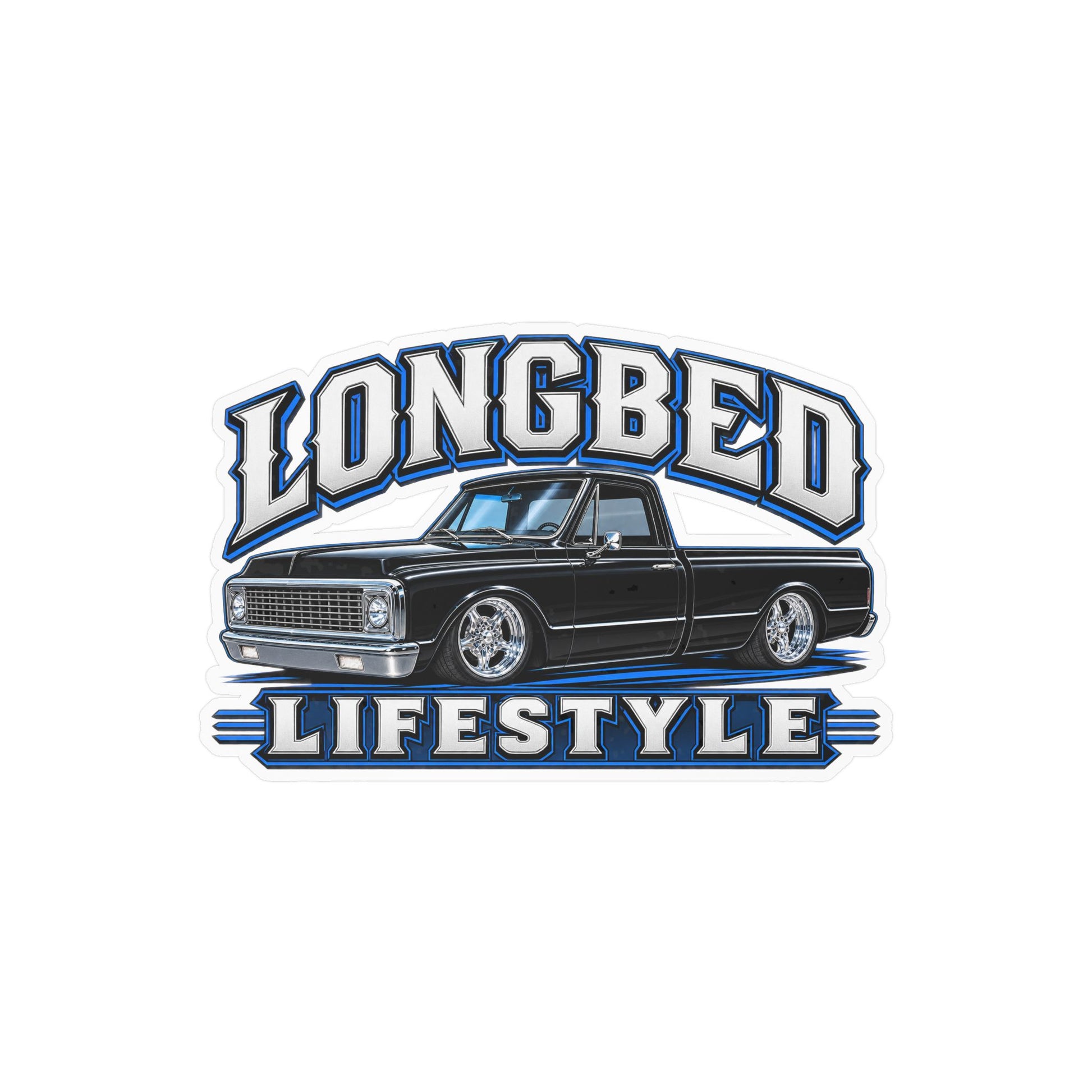 Chevy C10 longbed sticker showing a slammed 1970s truck in black with chrome trim on polished five spoke wheels, kiss-cut vinyl decal by Drippn Ink