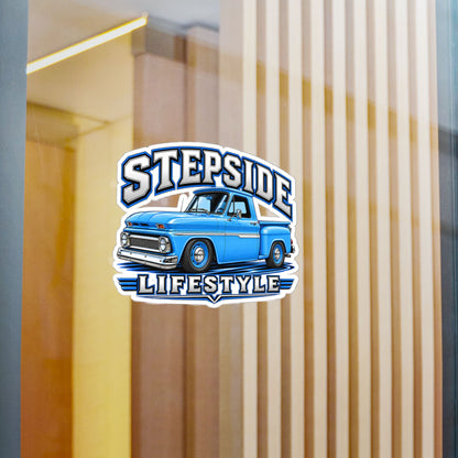 Chevy C10 stepside sticker showing a slammed 1960s truck in bright blue with chrome bumpers and blue steel wheels, kiss-cut vinyl decal by Drippn Ink