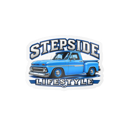 Chevy C10 stepside sticker showing a slammed 1960s truck in bright blue with chrome bumpers and blue steel wheels, kiss-cut vinyl decal by Drippn Ink