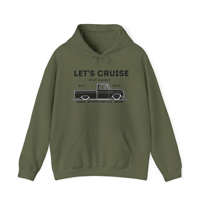 Military green hooded sweatshirt with the LET'S CRUISE Stay Humble chest print and slammed Chevy C10 line art