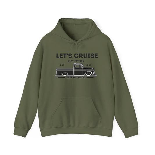 Military green hooded sweatshirt with the LET'S CRUISE Stay Humble chest print and slammed Chevy C10 line art