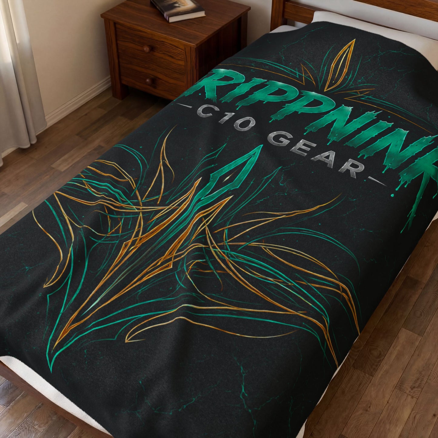 Black velveteen plush blanket featuring teal tribal pinstriping and DrippnInk C10 Gear Chevy-inspired automotive artwork