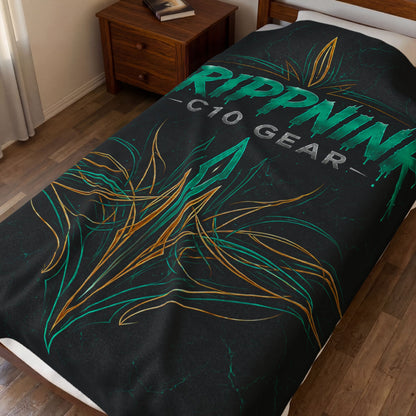 Black velveteen plush blanket featuring teal tribal pinstriping and DrippnInk C10 Gear Chevy-inspired automotive artwork