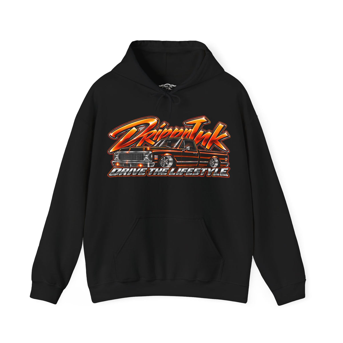 Front of a black Drive the Lifestyle hoodie with an orange and chrome graphic of a slammed Chevy C10 pickup