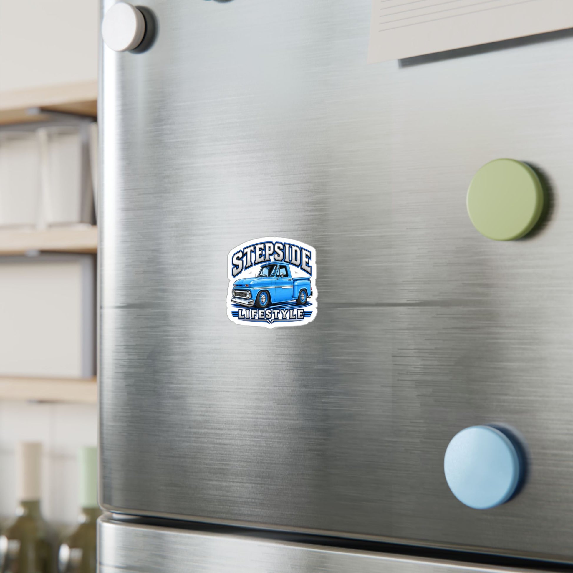 Chevy C10 stepside sticker showing a slammed 1960s truck in bright blue with chrome bumpers and blue steel wheels, kiss-cut vinyl decal by Drippn Ink