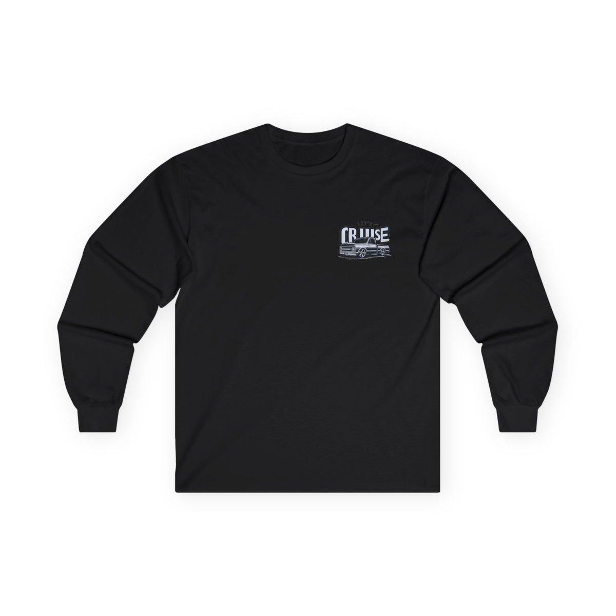 Black long sleeve tee with a small left chest badge reading LET'S CRUISE above a slammed classic pickup
