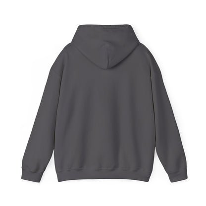 Back view of the charcoal hooded sweatshirt, plain with no print