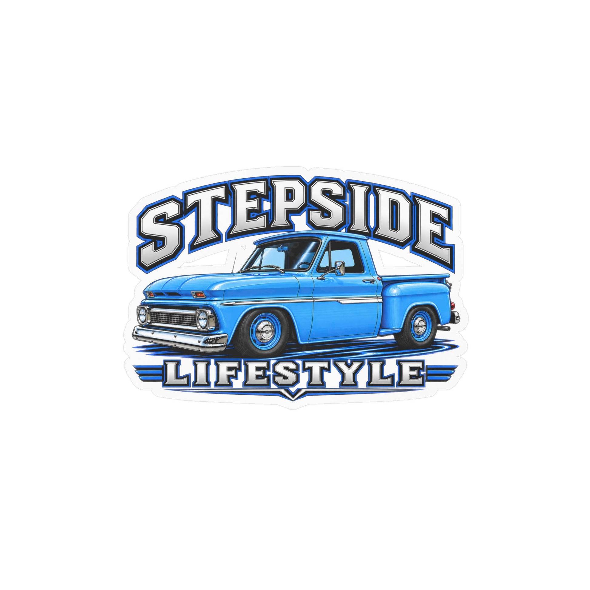Chevy C10 stepside sticker showing a slammed 1960s truck in bright blue with chrome bumpers and blue steel wheels, kiss-cut vinyl decal by Drippn Ink