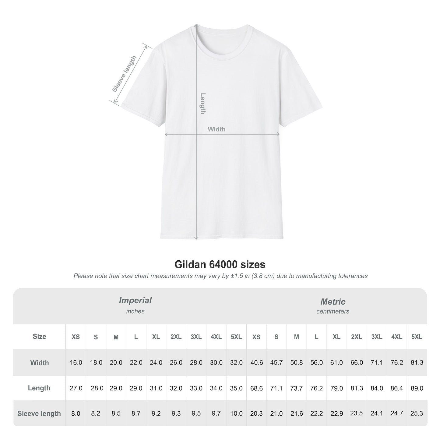 Gildan 64000 t-shirt size chart: a line drawing of the garment beside a table of width, length and sleeve length in inches and centimetres.
