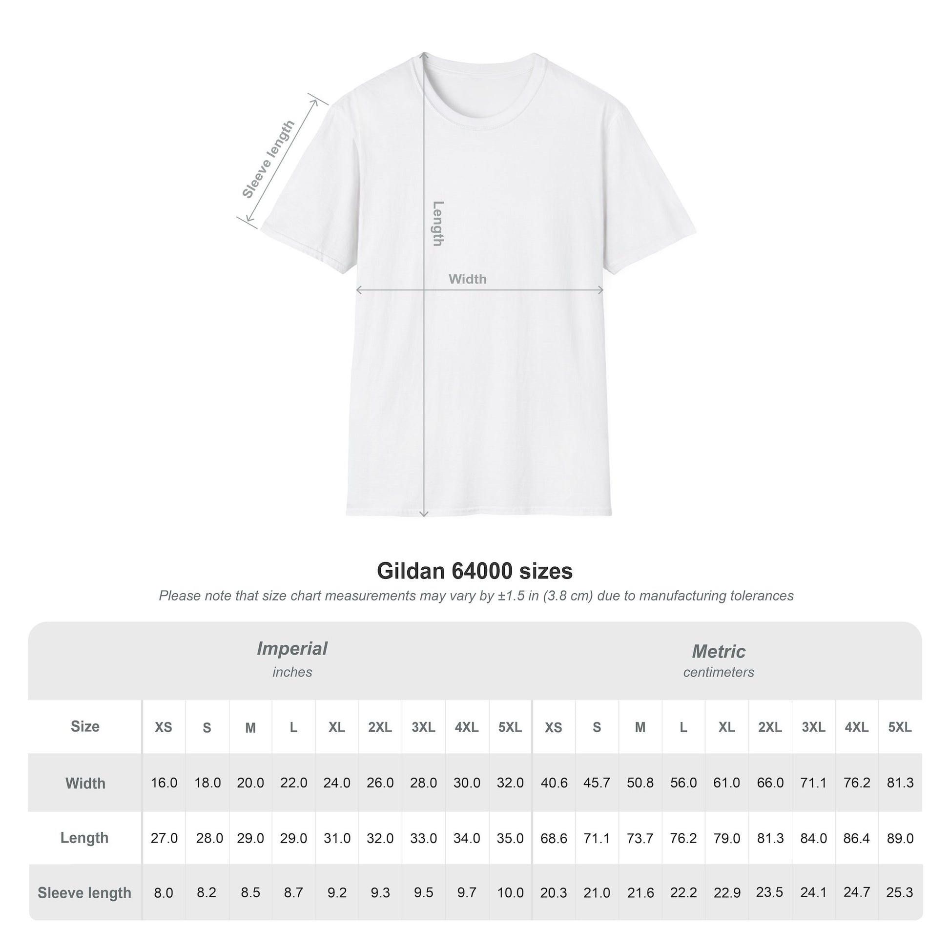 Gildan 64000 t-shirt size chart: a line drawing of the garment beside a table of width, length and sleeve length in inches and centimetres.