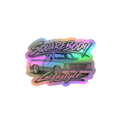 Chevy squarebody sticker showing a slammed 1980s C10 in silver and white with green pinstripes on polished billet wheels, kiss-cut vinyl decal by Drippn Ink