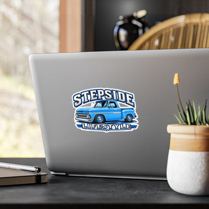 Chevy C10 stepside sticker showing a slammed 1960s truck in bright blue with chrome bumpers and blue steel wheels, kiss-cut vinyl decal by Drippn Ink