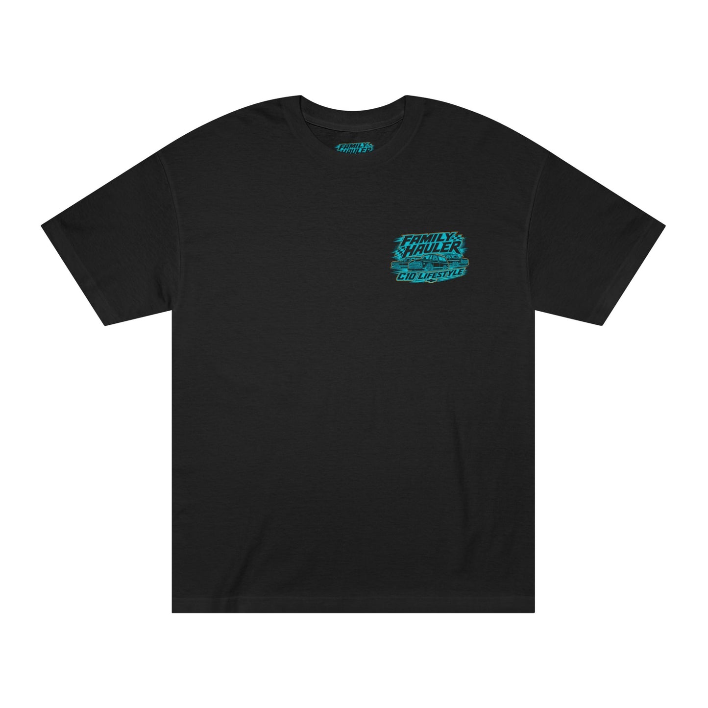 Black Family Hauler C10 Lifestyle t-shirt with left chest Chevy-inspired graphic by DrippnInk