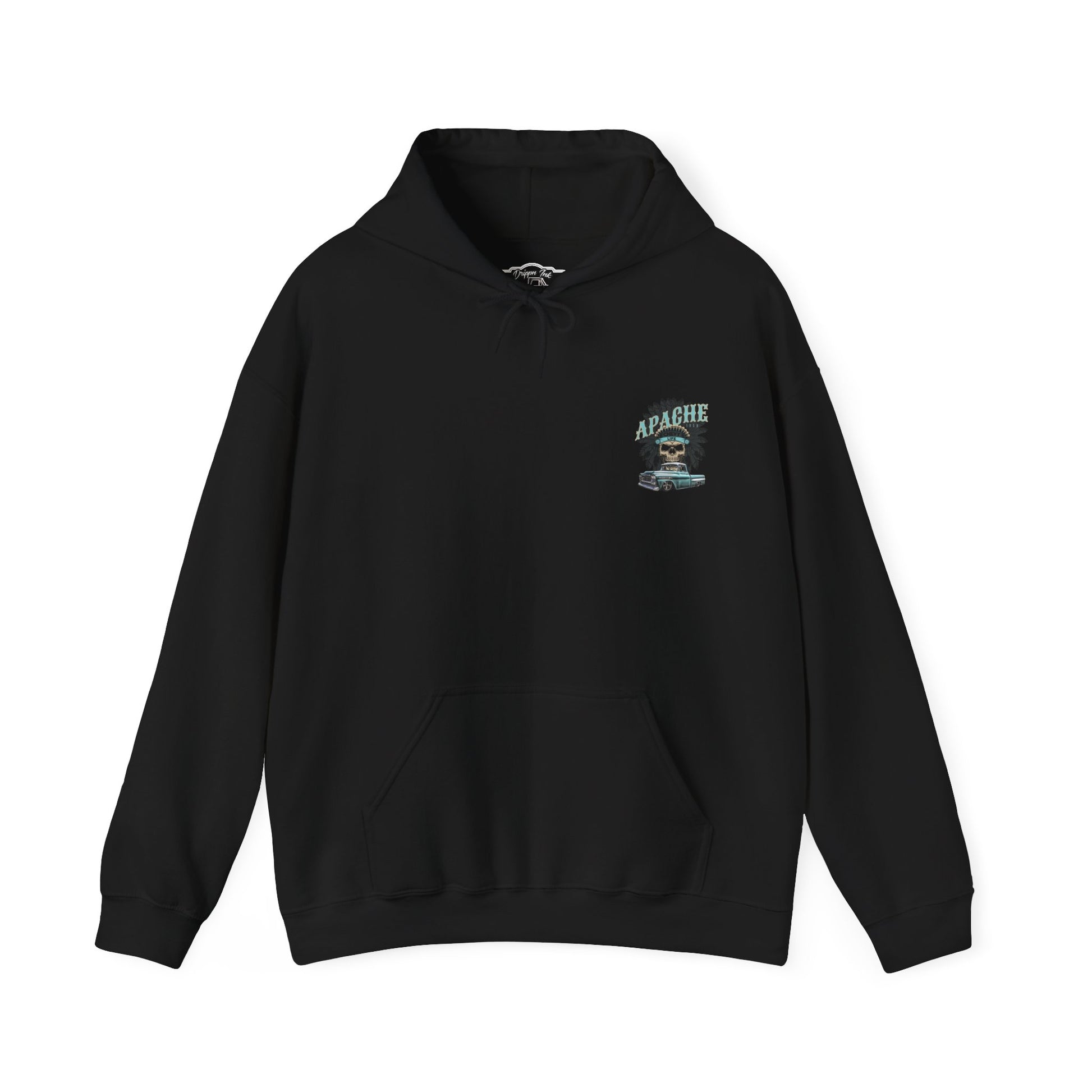 Black hoodie laid flat, front view, with a small left chest print of a skull in a feathered headdress above a classic pickup truck.
