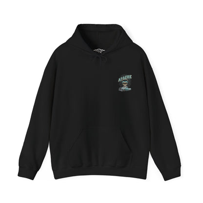 Black hoodie laid flat, front view, with a small left chest print of a skull in a feathered headdress above a classic pickup truck.