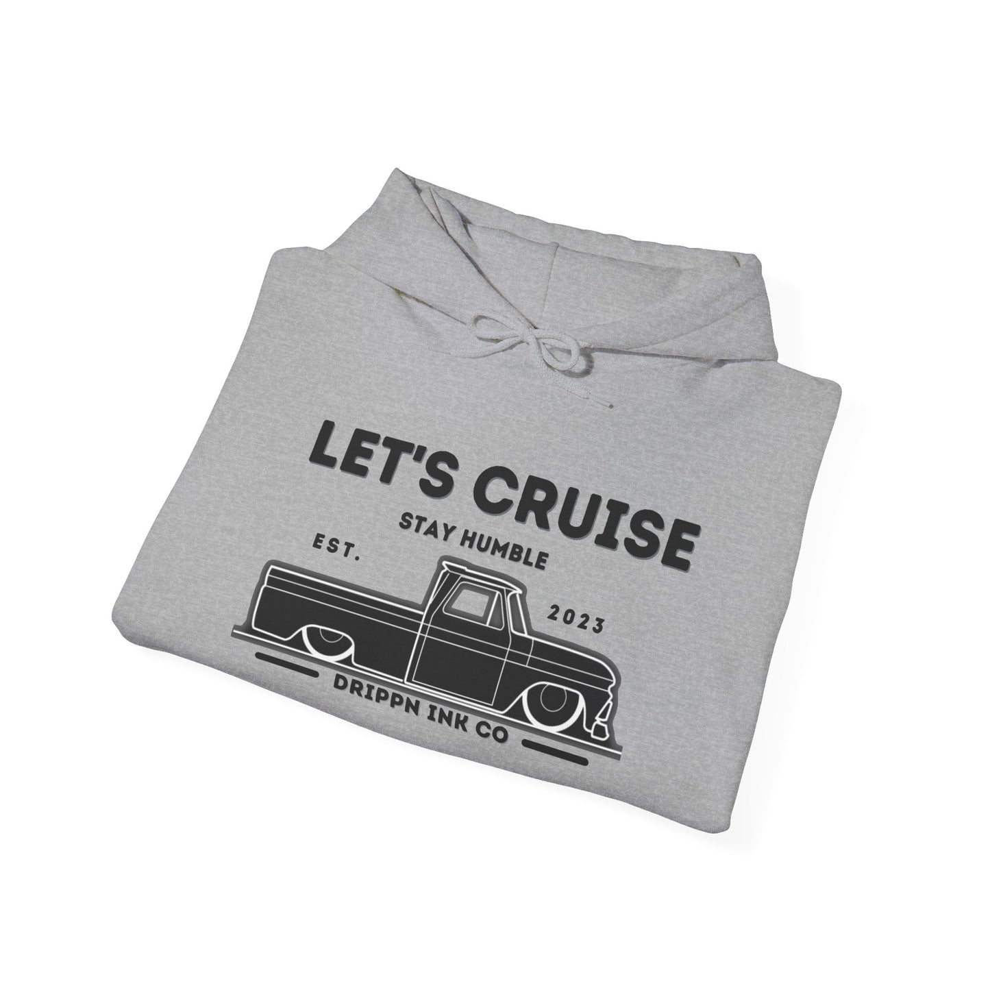 Sport grey Let's Cruise hooded sweatshirt folded, chest print visible