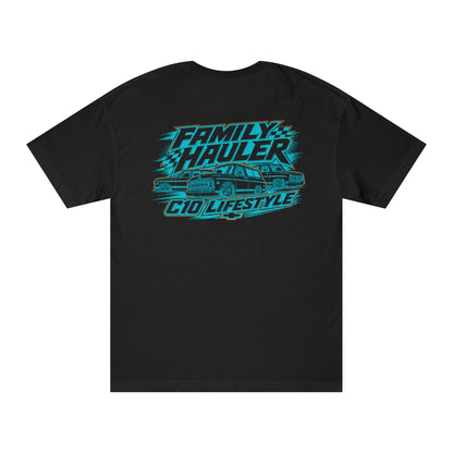 Black Family Hauler C10 Lifestyle t-shirt featuring classic Chevy wagons and truck culture artwork on back print