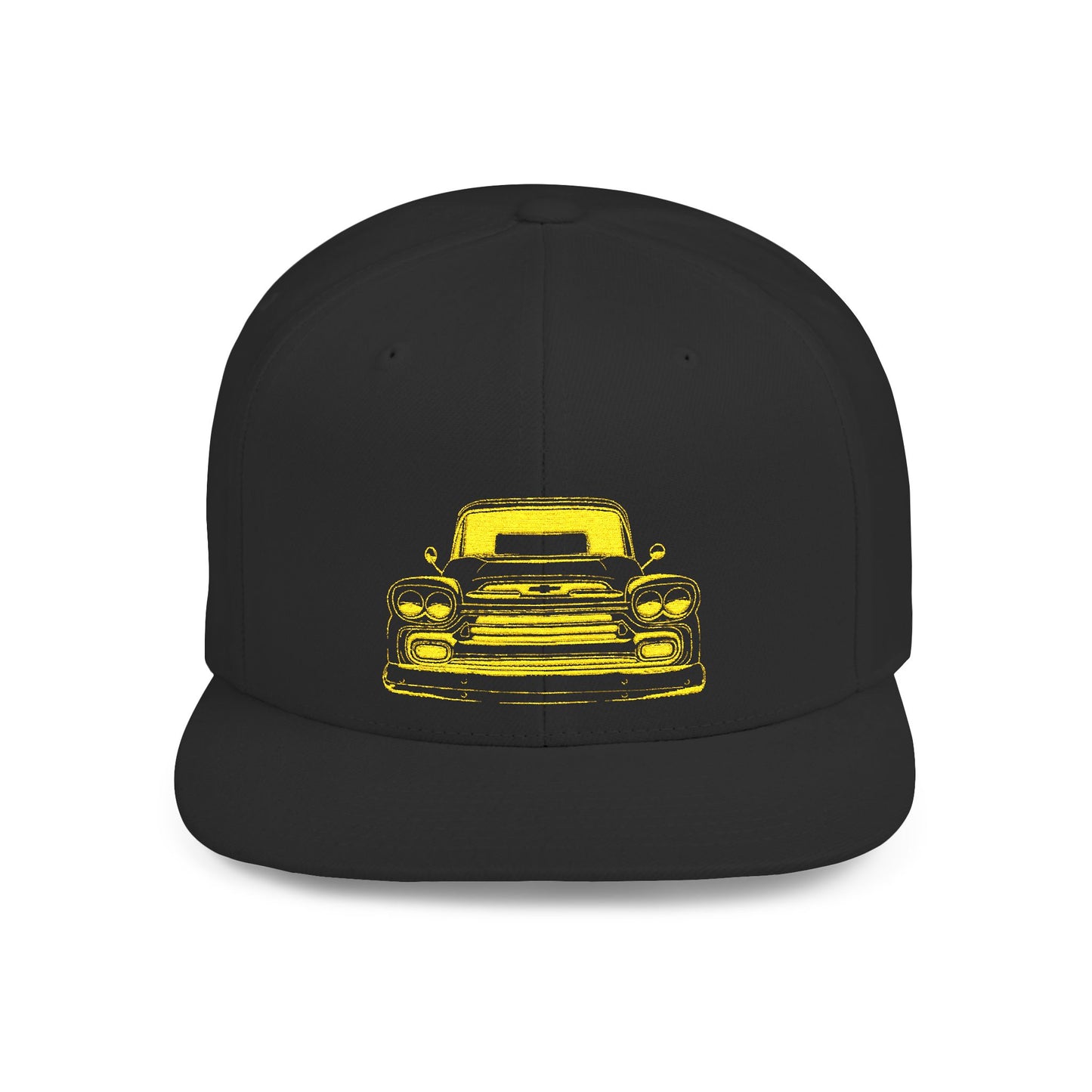 Black flat bill snapback cap, front view, embroidered with a yellow outline of a classic pickup truck seen head on.