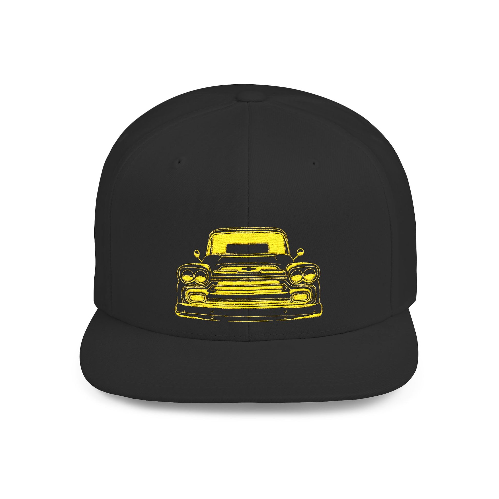 Black flat bill snapback cap, front view, embroidered with a yellow outline of a classic pickup truck seen head on.