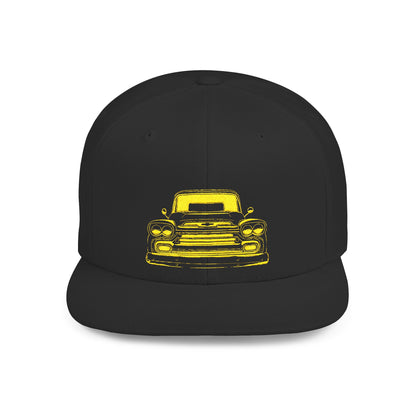 Black flat bill snapback cap, front view, embroidered with a yellow outline of a classic pickup truck seen head on.