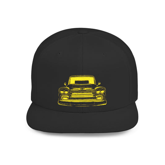 Black flat bill snapback cap, front view, embroidered with a yellow outline of a classic pickup truck seen head on.