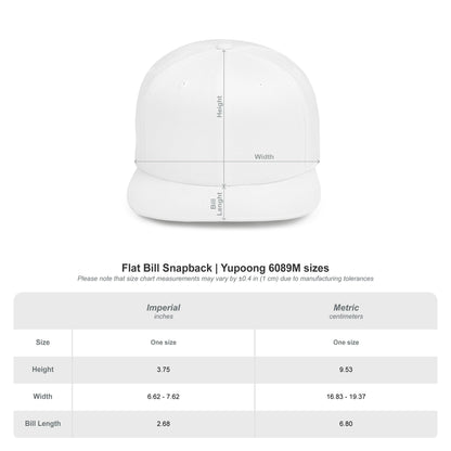 Yupoong 6089M flat bill snapback size chart: a line drawing of the cap beside a table of height, width and bill length in inches and centimetres.