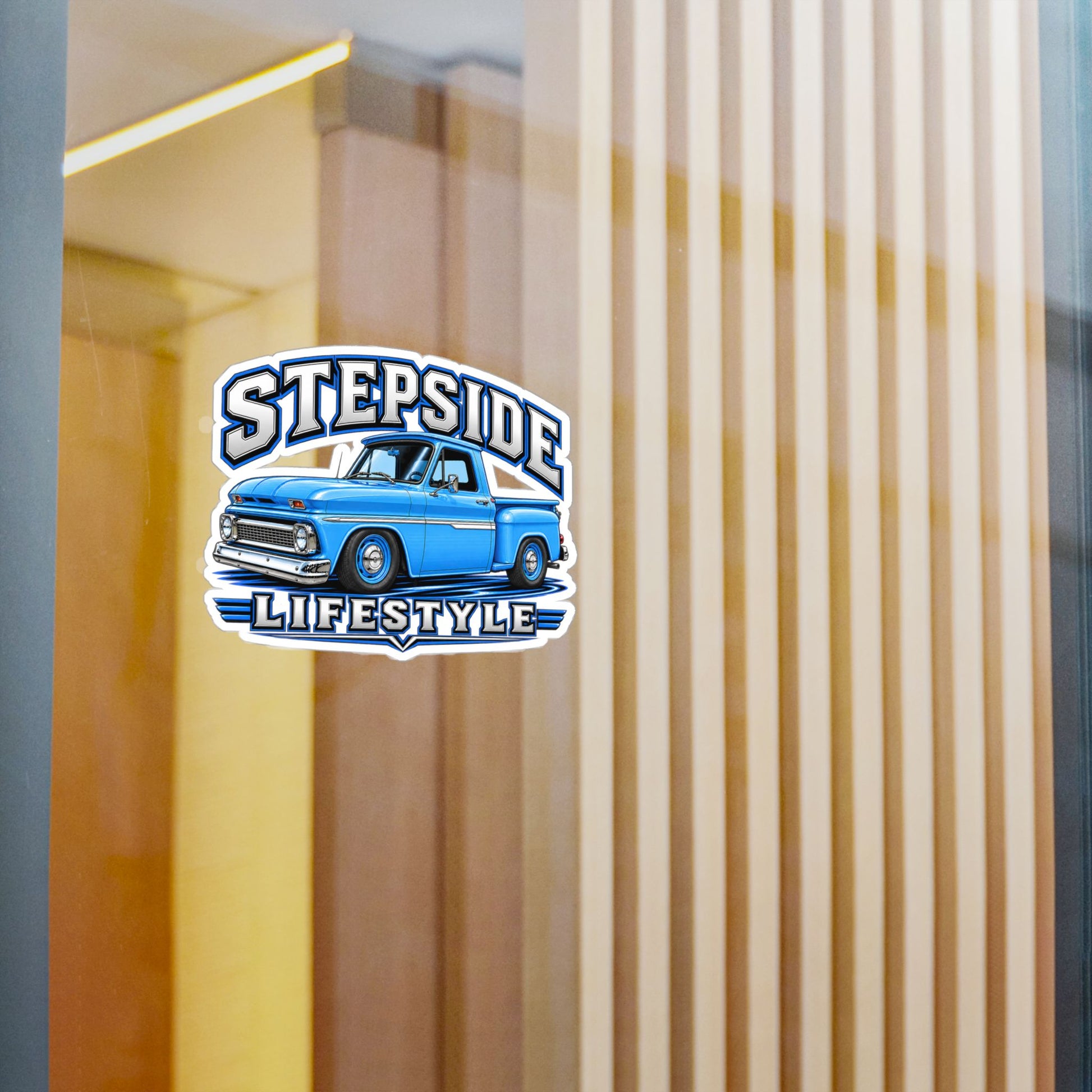 Chevy C10 stepside sticker showing a slammed 1960s truck in bright blue with chrome bumpers and blue steel wheels, kiss-cut vinyl decal by Drippn Ink