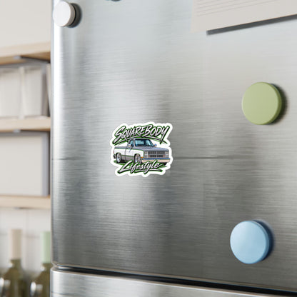 Chevy squarebody sticker showing a slammed 1980s C10 in silver and white with green pinstripes on polished billet wheels, kiss-cut vinyl decal by Drippn Ink