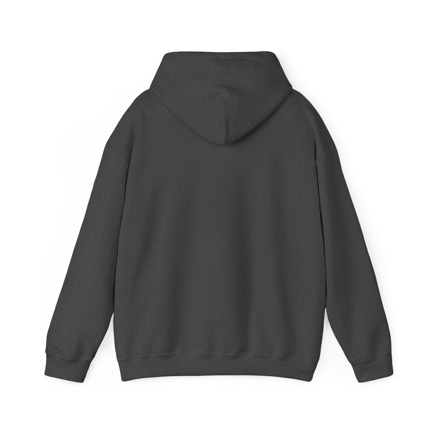 Back view of the dark heather hooded sweatshirt, plain with no print