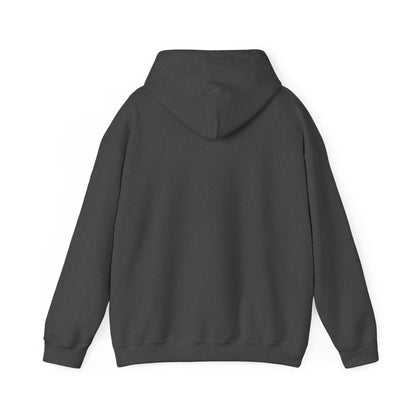 Back view of the dark heather hooded sweatshirt, plain with no print