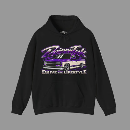 Drippn Ink Drive the Lifestyle black hoodie with a slammed purple and cream two tone OBS Chevy pickup truck graphic