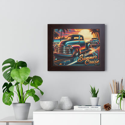 This vibrant and nostalgic poster, titled "Summer Cruise," features a classic car scene with two vintage trucks cruising along a coastal highway during a picturesque sunset. The design radiates a retro vibe with its vivid colors, stylized palm trees, and a city skyline in the background. The sunset casts a warm glow, enhancing the glossy finish of the trucks. The artwork is adorned with playful stars and tropical flowers, emphasizing a carefree summer spirit.